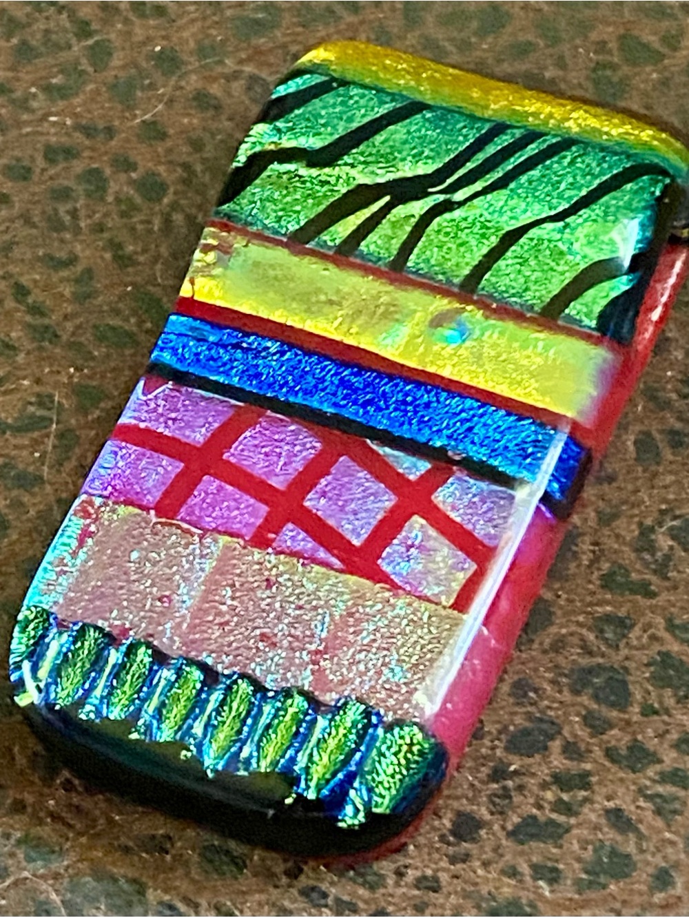 Handmade Dichroic Fused Patchwork Glass Pendant signed by artist L. Barnes